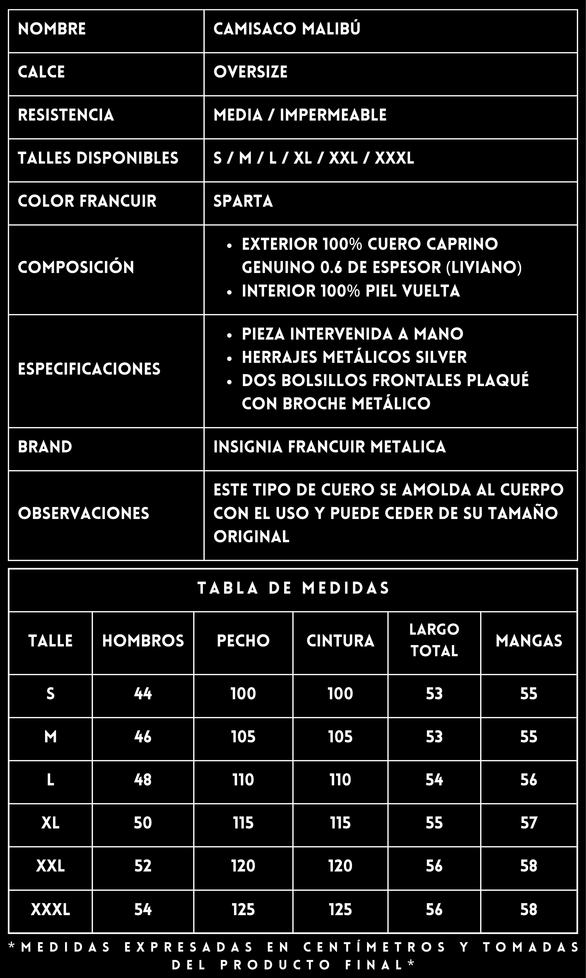 Ficha Camisaco Malibu Sparta FRANCUIR